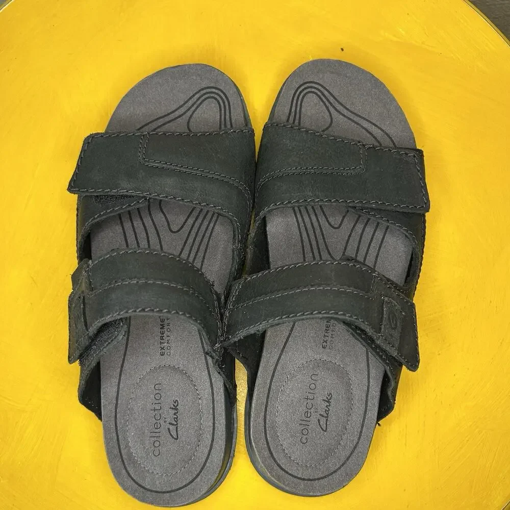 Clarks Crestview Men’s Size 8.5 Leather Extreme Comfort Black Easy Slide Sandals